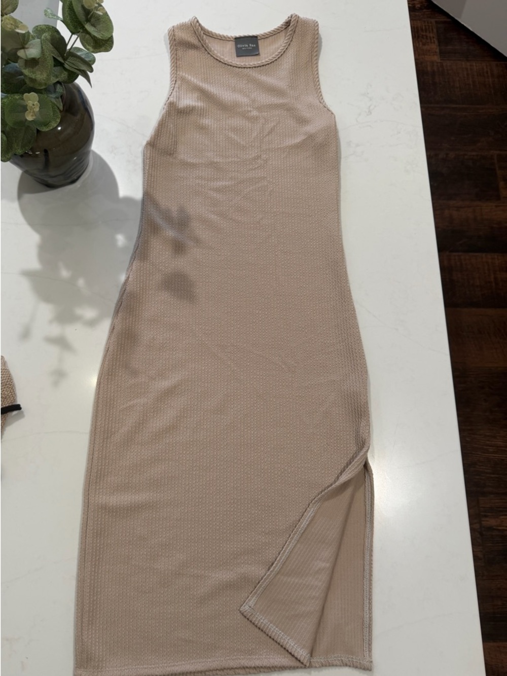Sleeveless Ribbed Midi Dress in Beige